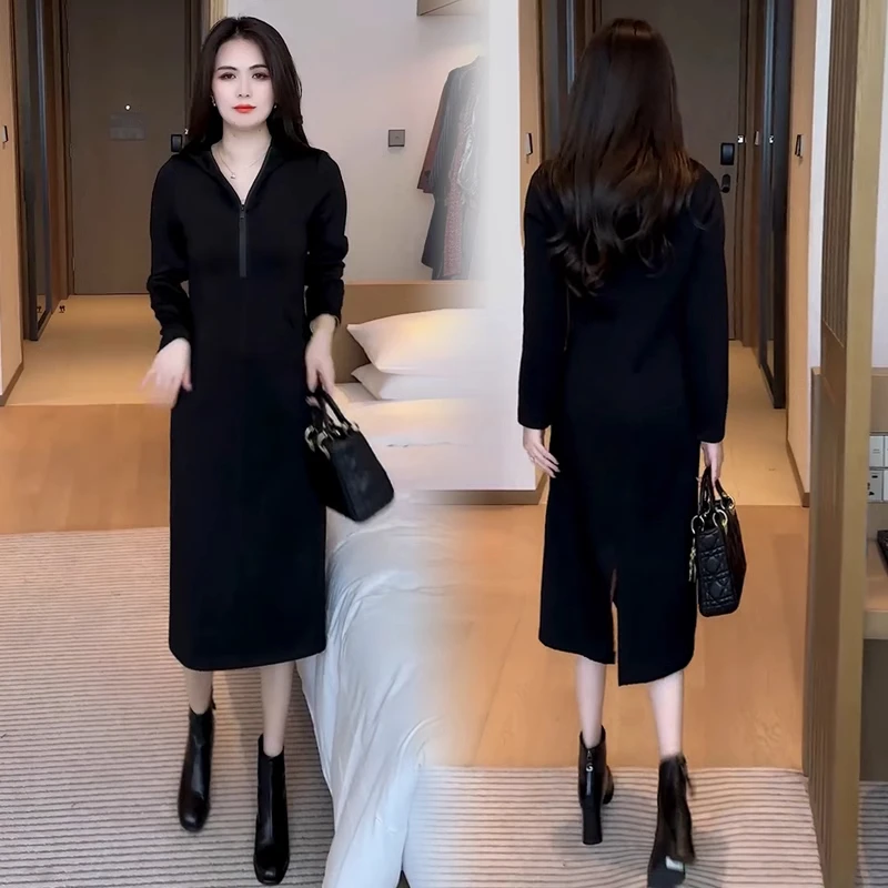 连帽卫衣连衣裙女2025春秋新款时尚百搭后开叉半拉链显瘦休闲裙子