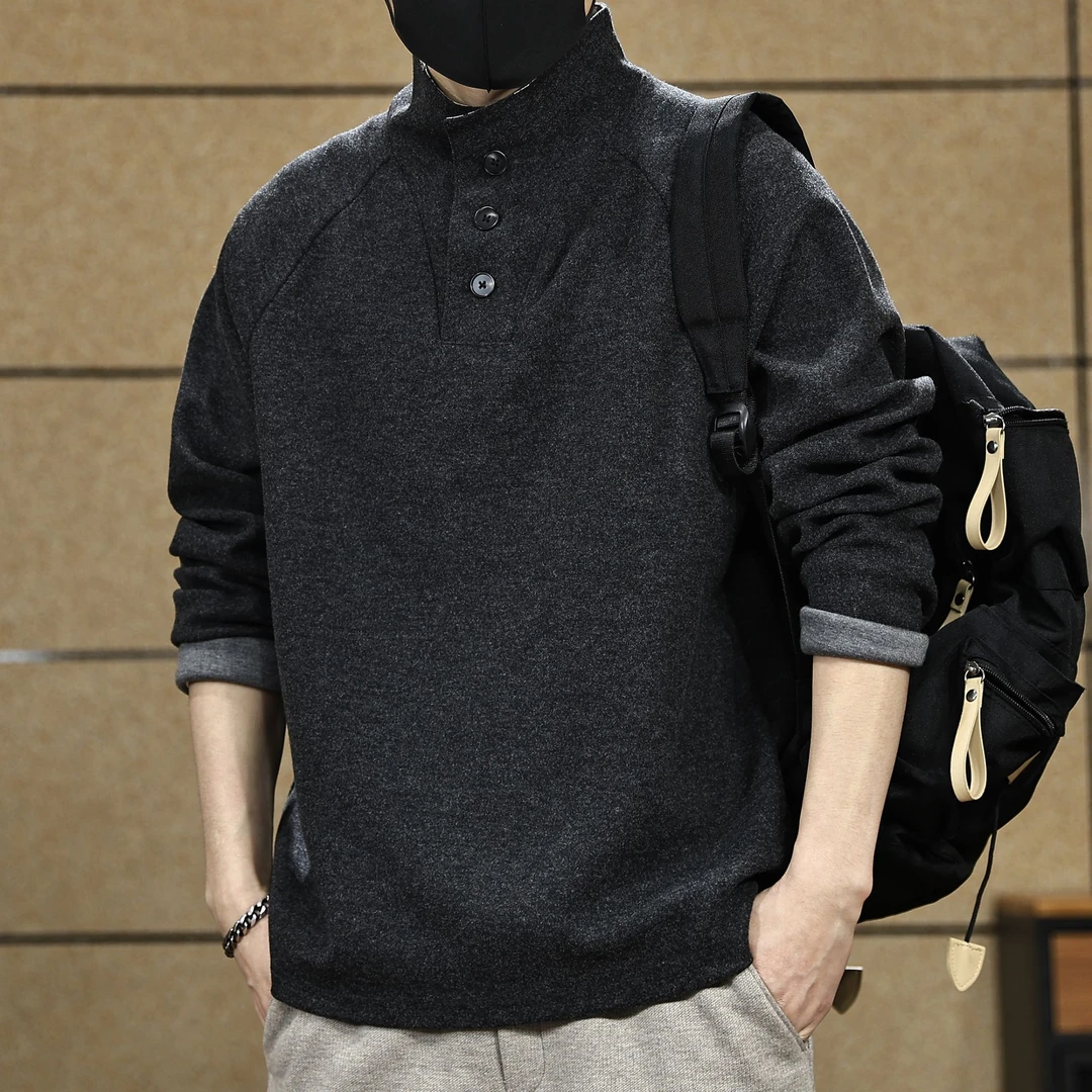 高端绒面感拼接半高领打底衫男秋冬季新款重磅410g立领长袖T恤男t