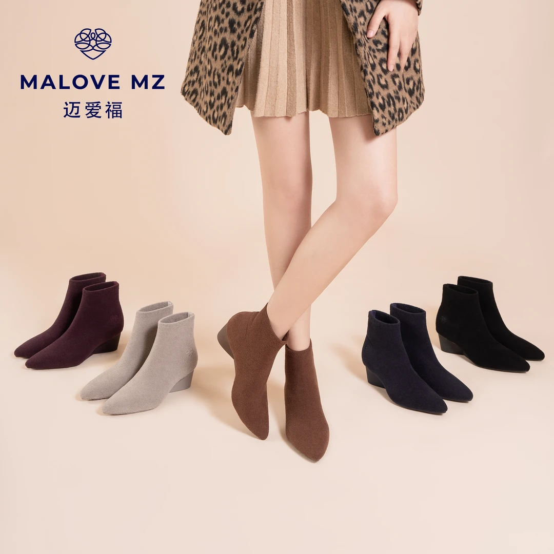 MALOVEMZ短靴袜靴女2025秋冬新款尖头弹力瘦瘦靴气质舒适坡跟裸靴