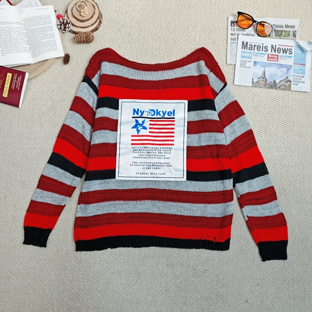 2025春季新款时尚休闲条纹破洞款毛衣针织长袖9692