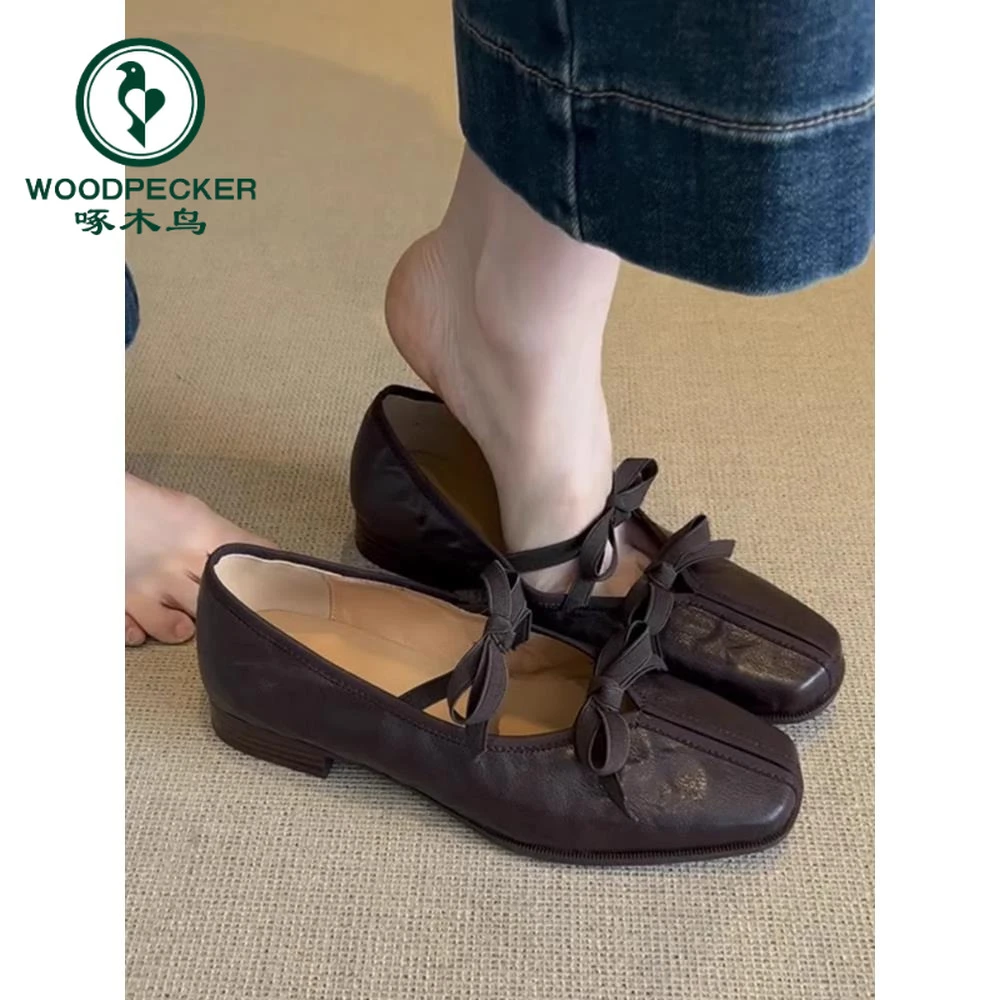 啄木鸟平底复古蝴蝶结浅口单鞋女2025春夏季新款法式玛丽珍小皮鞋