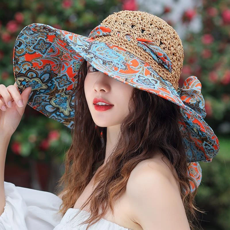 帽子女大帽檐可折叠显脸小高级感渔夫帽夏季防晒帽印花百搭草帽男