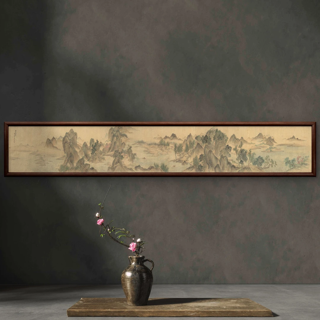 9877-40*240湖山春暖图中式装饰画实木框玄关书房茶室客厅挂画