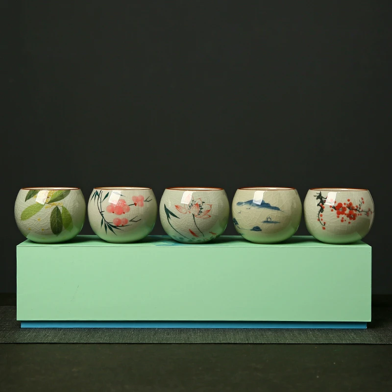 手绘茶杯釉下彩品茗杯哥窑茶具功夫小茶杯套装喝茶杯节日送礼盒装