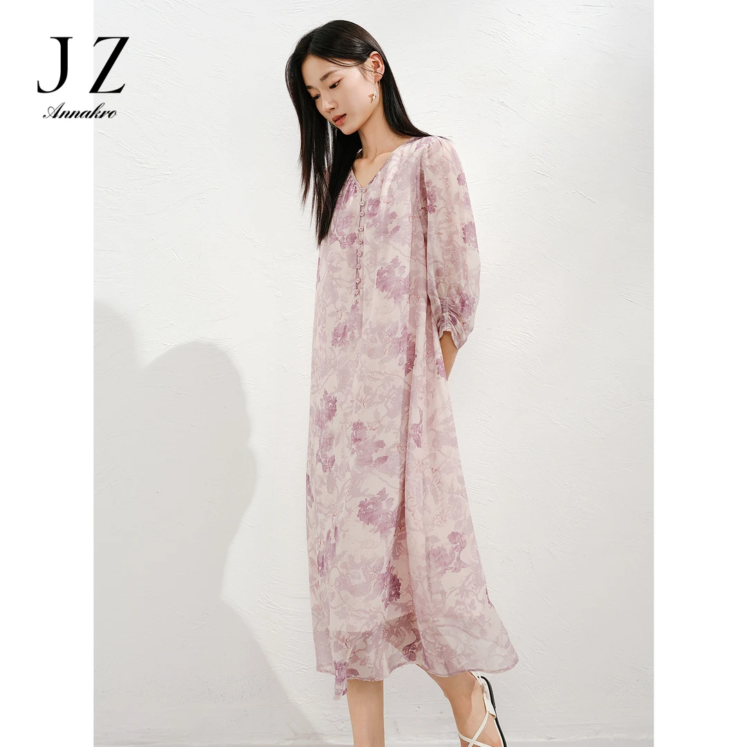 玖姿·安娜蔻KWFX50182优雅通勤晕染花卉100桑蚕丝连衣裙女2025夏