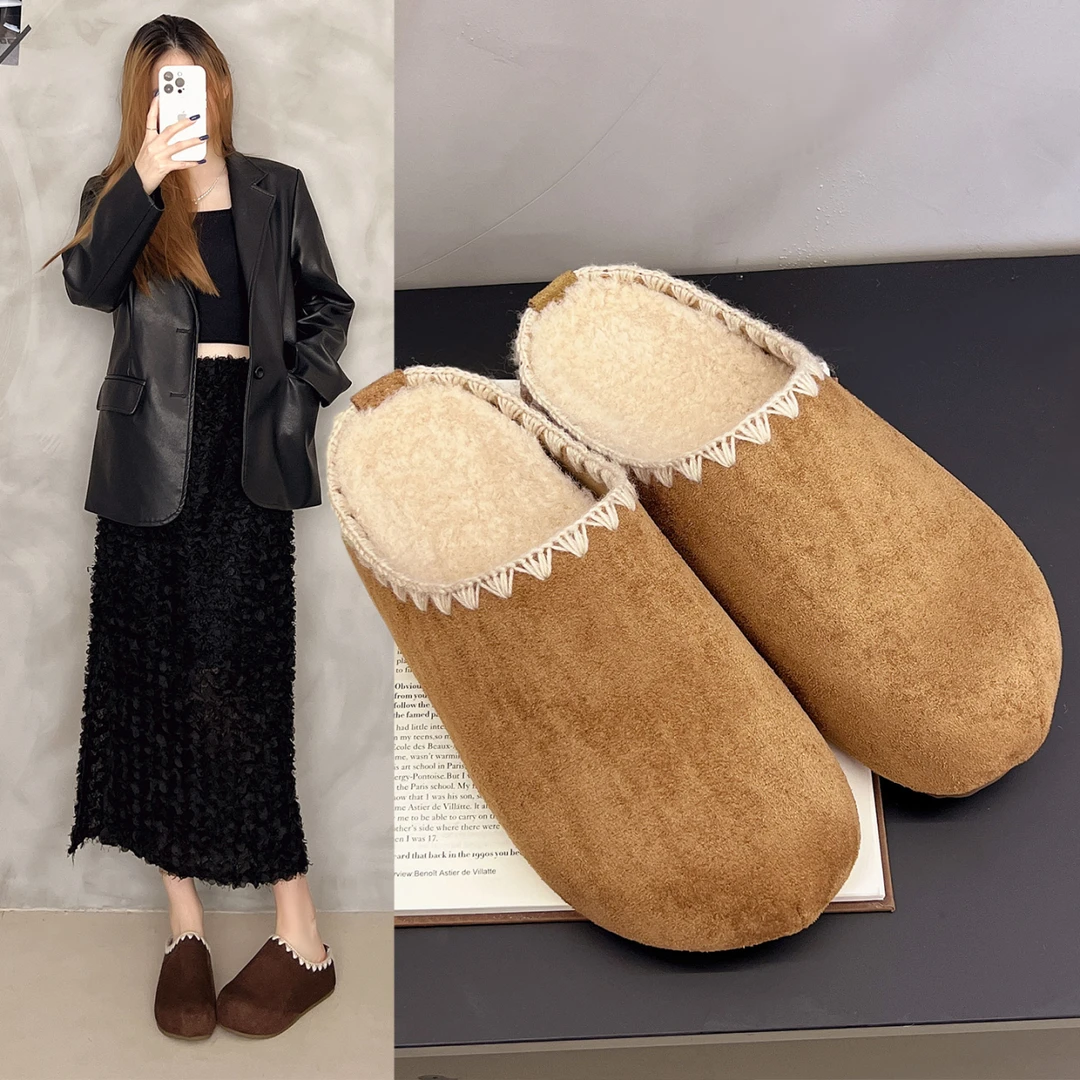 厚底内增高勃肯鞋女2025新款秋冬一脚蹬加绒包头半拖鞋外穿博肯鞋