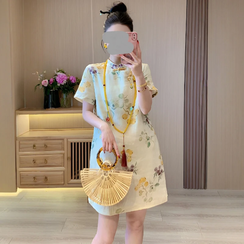 高品质时尚中式复古立领盘扣短袖连衣裙女20中式嫁衣提花国风盘扣