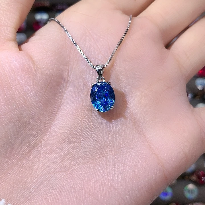 颈饰银S925镶嵌海蓝宝石白810鸟巢切