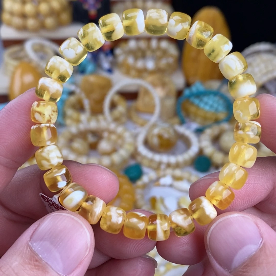 蜜蜡未镶嵌手链金瓷白妖花8mm