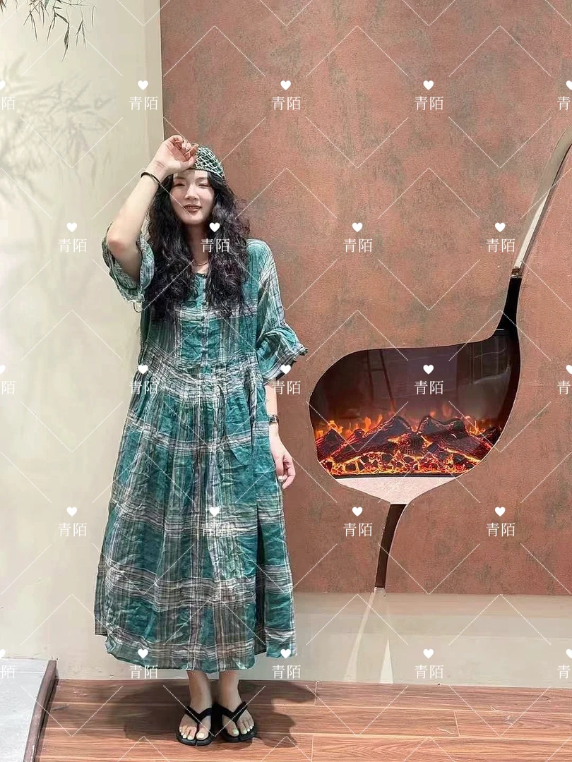 原创设计款苎麻连衣裙文艺气质高级感夏季时尚长裙