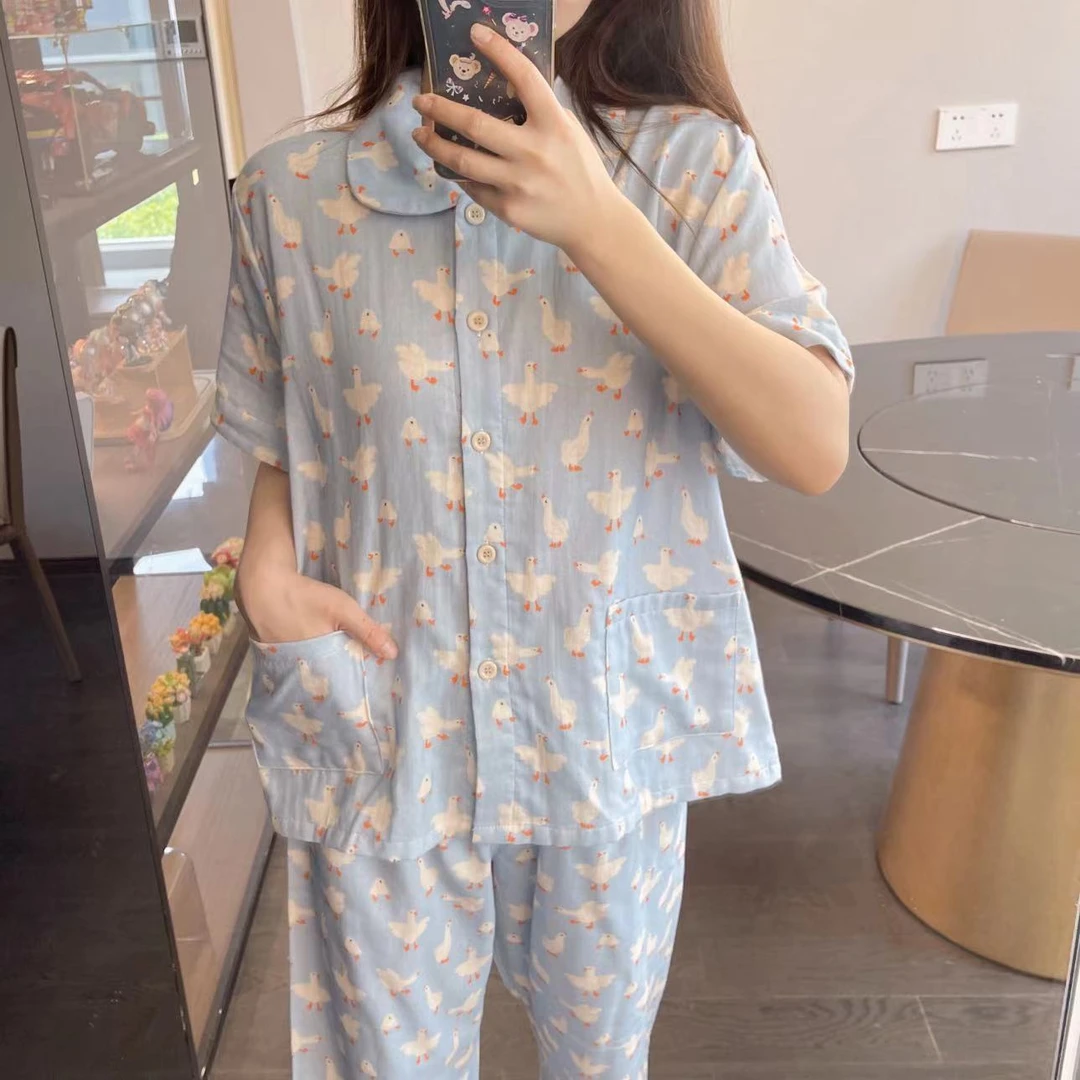 翻领短袖长裤【禾漾】2025ss春夏纯棉双层纱睡衣居家服女舒适