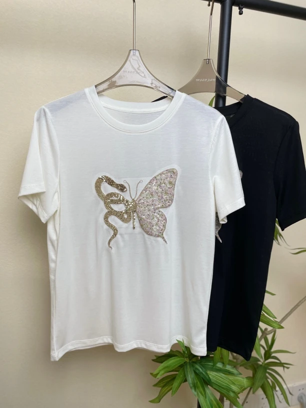 亮片T恤短袖女士潮流简约蝴蝶蛇宽松半袖女士v领时尚t恤轻奢