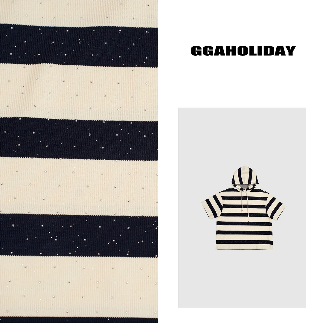 25N春夏新款轻奢高级感美式街头闪钻条纹连帽卫衣+短裤 152073/75