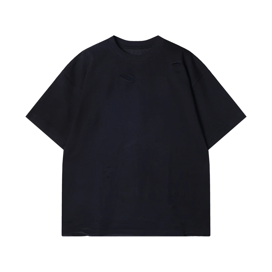 夏季高级感新款韩版净版破洞圆领短袖T恤时尚休闲百搭宽松上衣