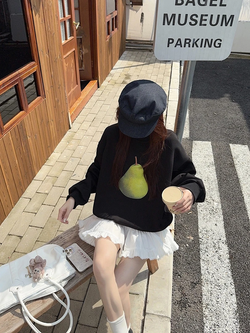 水果印花圆领卫衣女春秋季2025新款设计感慵懒风宽松休闲长袖上衣