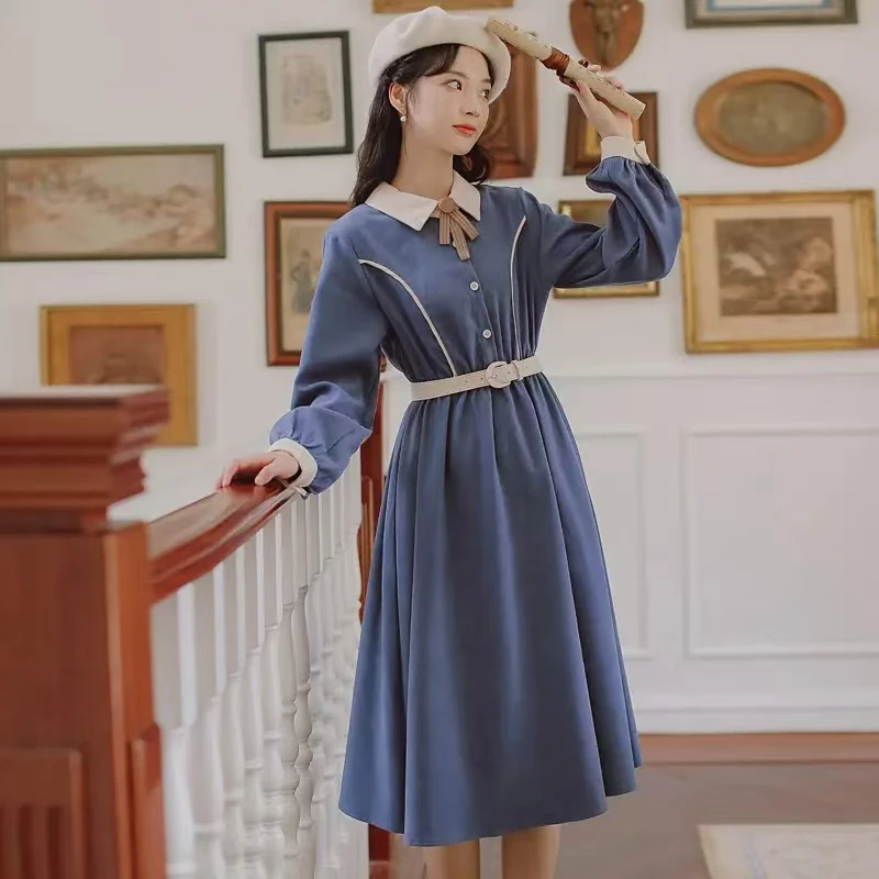 纯色中长款气质秋冬系带女装连衣裙套头拼接学院风法式长裙