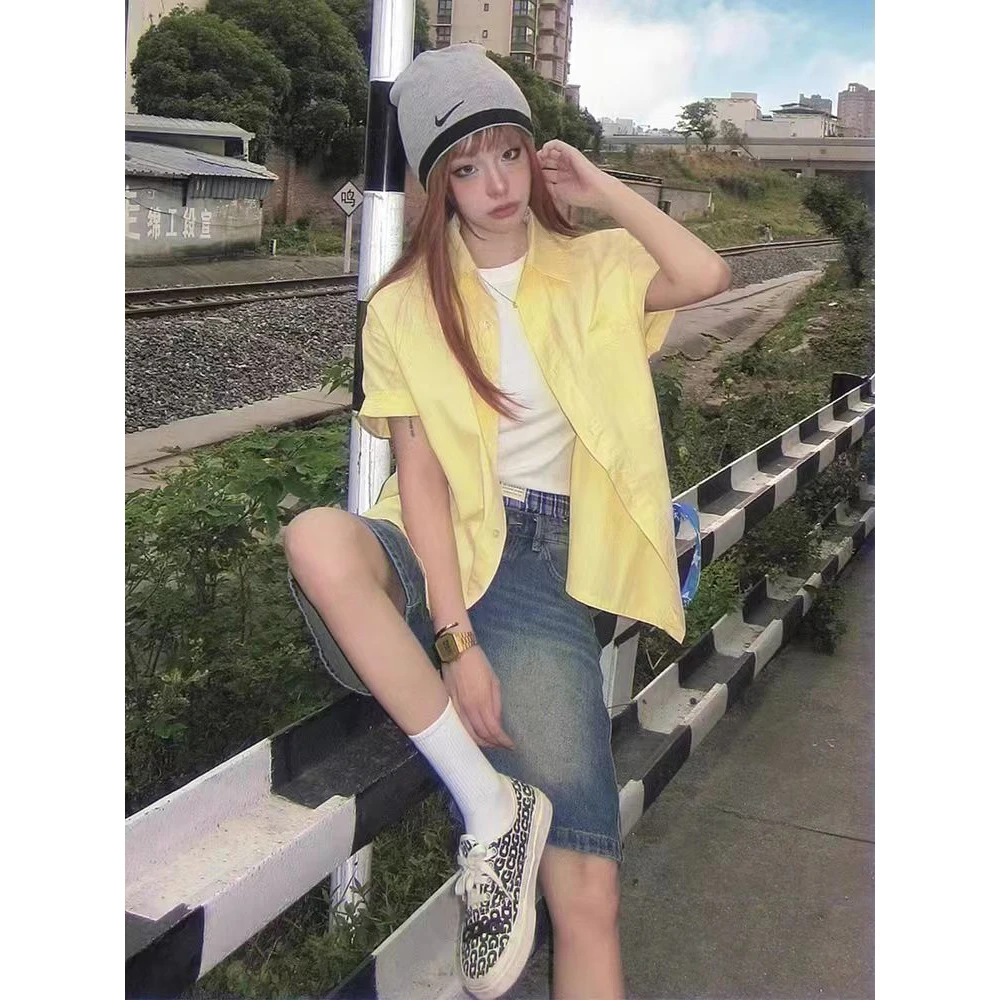 cleanfit短袖衬衫女夏季美式复古宽松防晒衬衣多巴胺穿搭情侣上衣