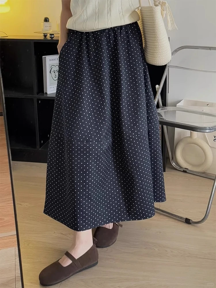 韩系波点松紧腰半身裙女大码胖mm中长款遮胯显瘦气质百搭半身裙子