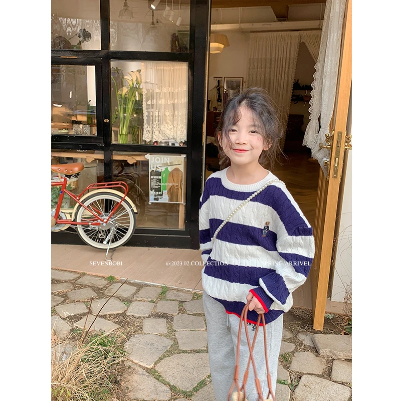 DTA2304女大童韩版洋气百搭条纹毛衣春季新款宽松针织上衣潮
