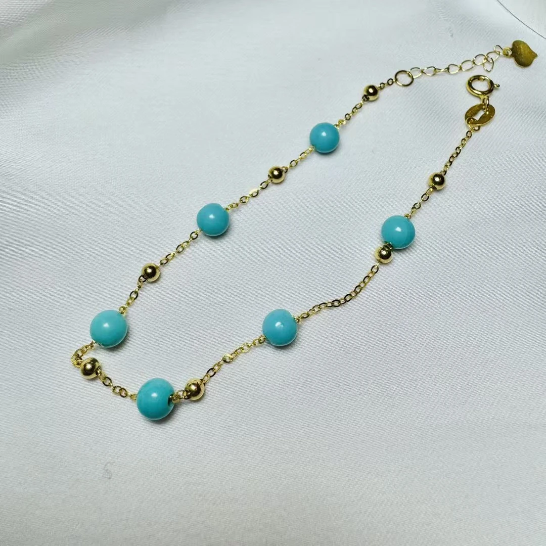 【姣儿珠宝】4mm美松石6粒圆珠18K金满天星手链经典时尚