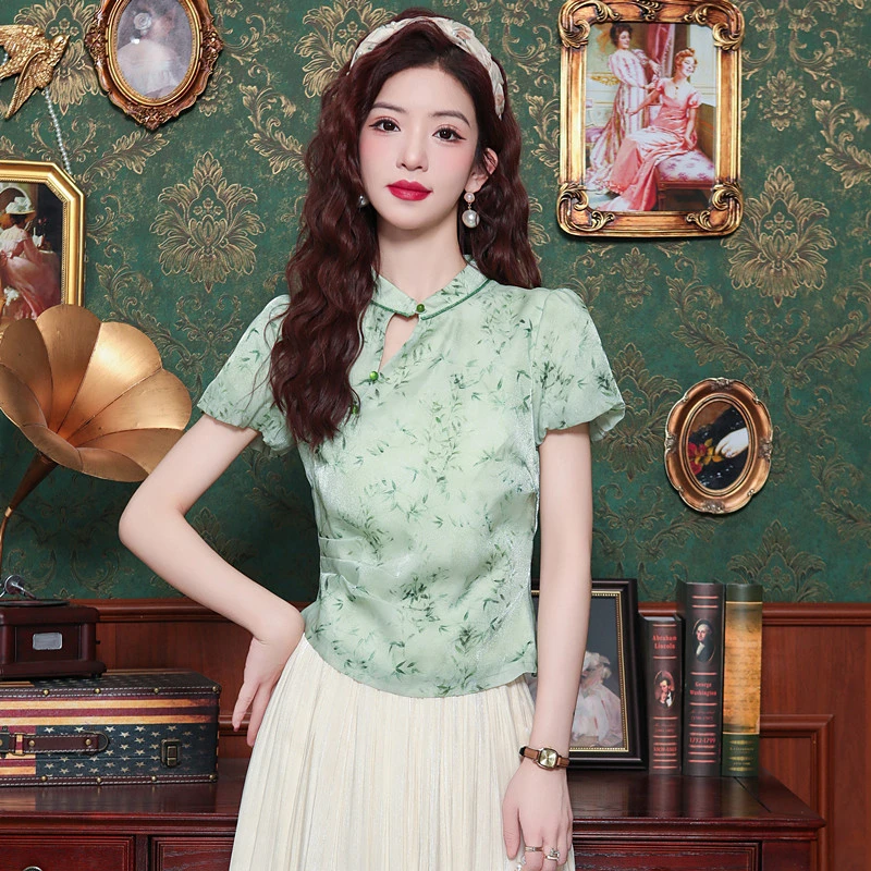 2025夏季气质国风甜美碎花雪纺衫上衣女小个子镂空新中式别致小衫