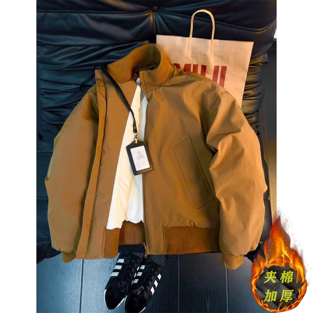 美式Bomber棕色飞行夹克棉服男款冬季加厚立领外套廓形短款棒球服