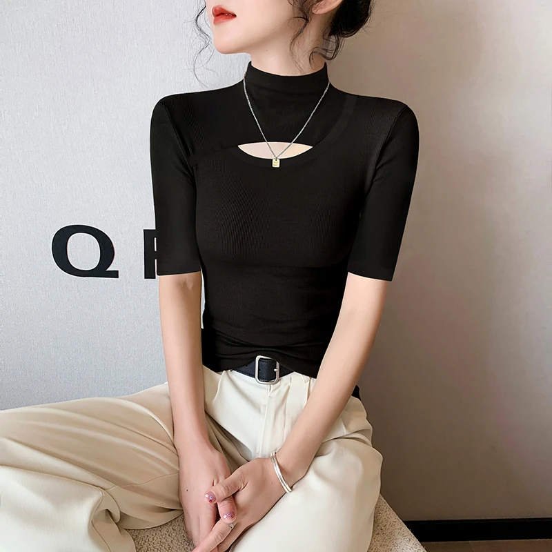 螺纹中袖t恤女2025新春夏半高领镂空五分袖打底内搭半袖黑色上衣