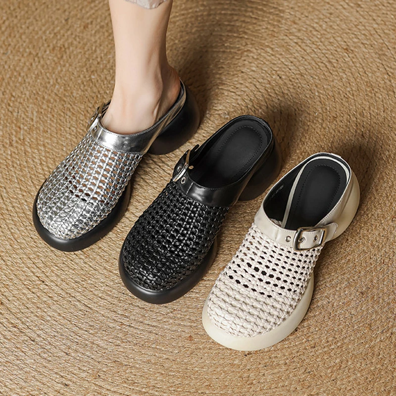 牛皮6cm厚底松糕懒人洞洞凉拖鞋厚底防水台编织外穿包头半拖鞋女