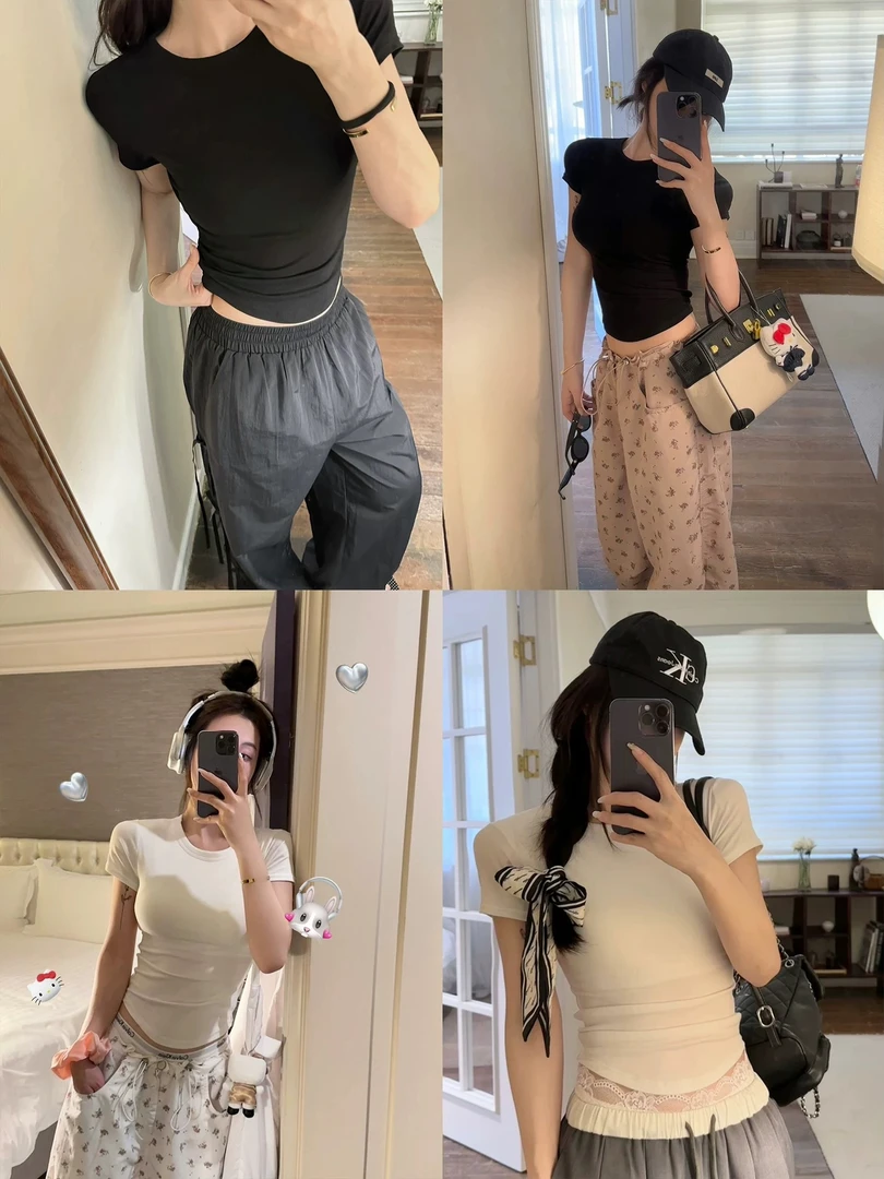 美式黑色圆领正肩短袖T恤女装夏季性感紧身显瘦短款辣妹上衣225#