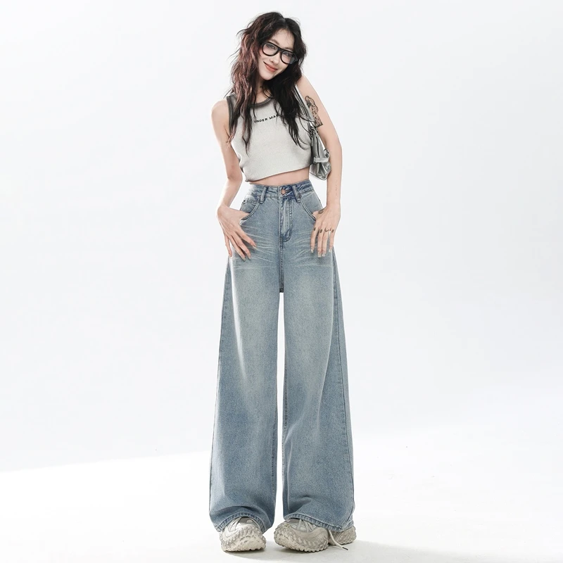 SS&美式复古高腰宽松阔腿裤水洗新款垂感直筒裤牛仔裤子女夏季
