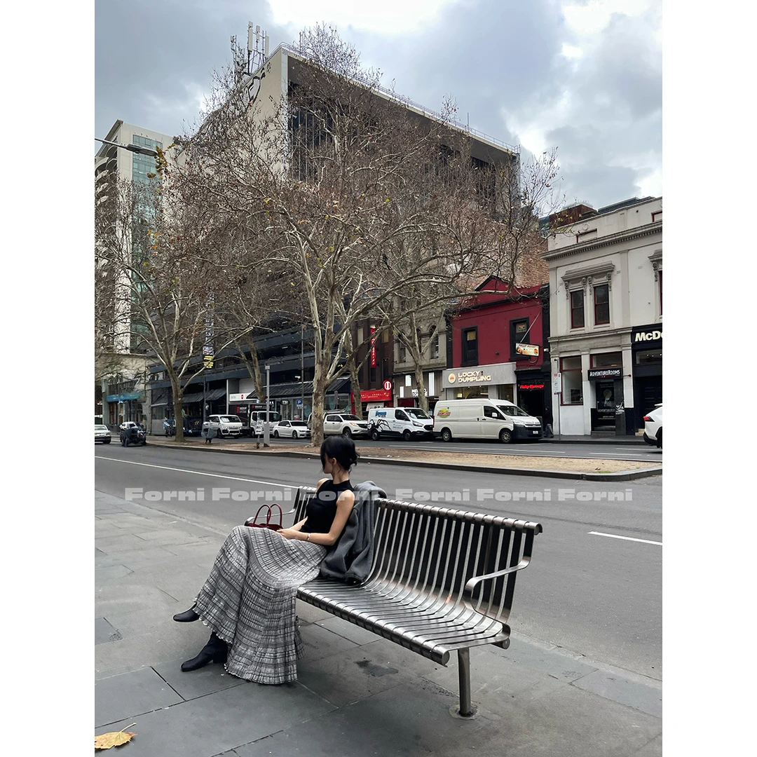 FORNI 布拉格广场 英伦学院风褶皱格纹长裙