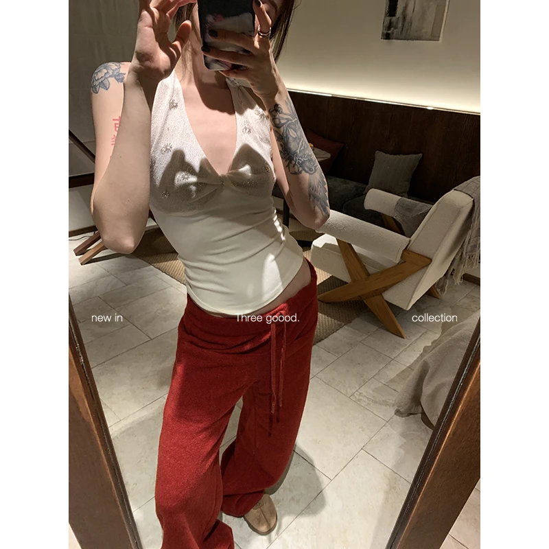 THREE GOOOD/三吉绛红旧调软糯糯绒感抽绳阔腿直筒长裤Y725K20629