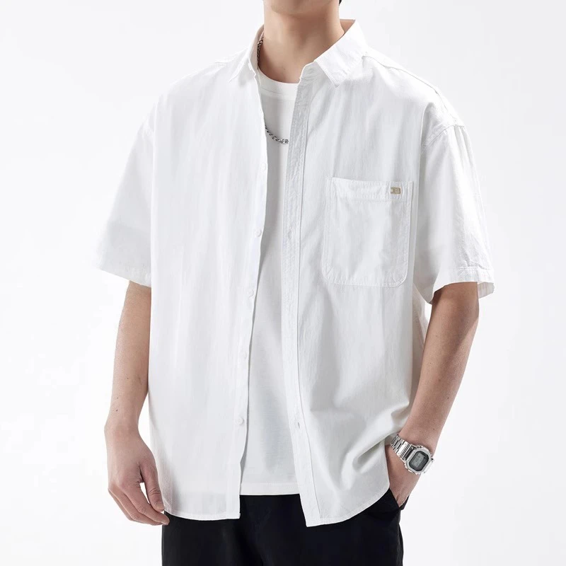 Cebrodz夏季新款潮流短袖衬衫男士潮牌宽松休闲白色纯棉衬衣男装