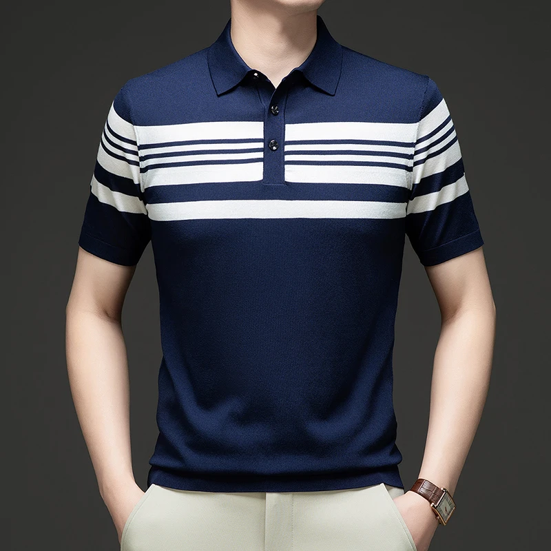 【桑蚕丝】条纹短袖男Polo衫透气桑蚕丝POLO衫休闲薄款百搭半袖1826