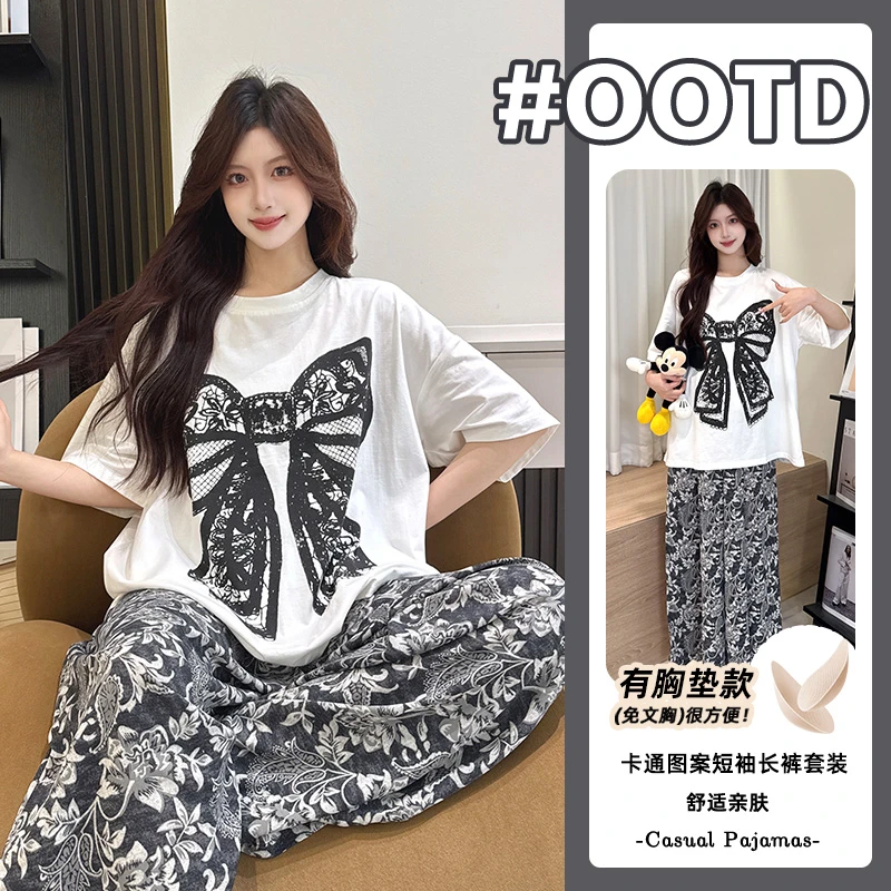 2025年夏季睡衣女士短袖长裤纯棉设计感新款束脚带胸垫家居服套装
