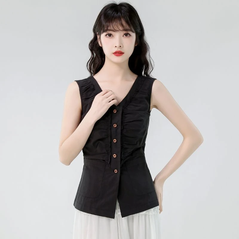 抽褶荷叶边V领背心女夏2025系带收腰无袖坎肩开衫轻熟风马甲上衣