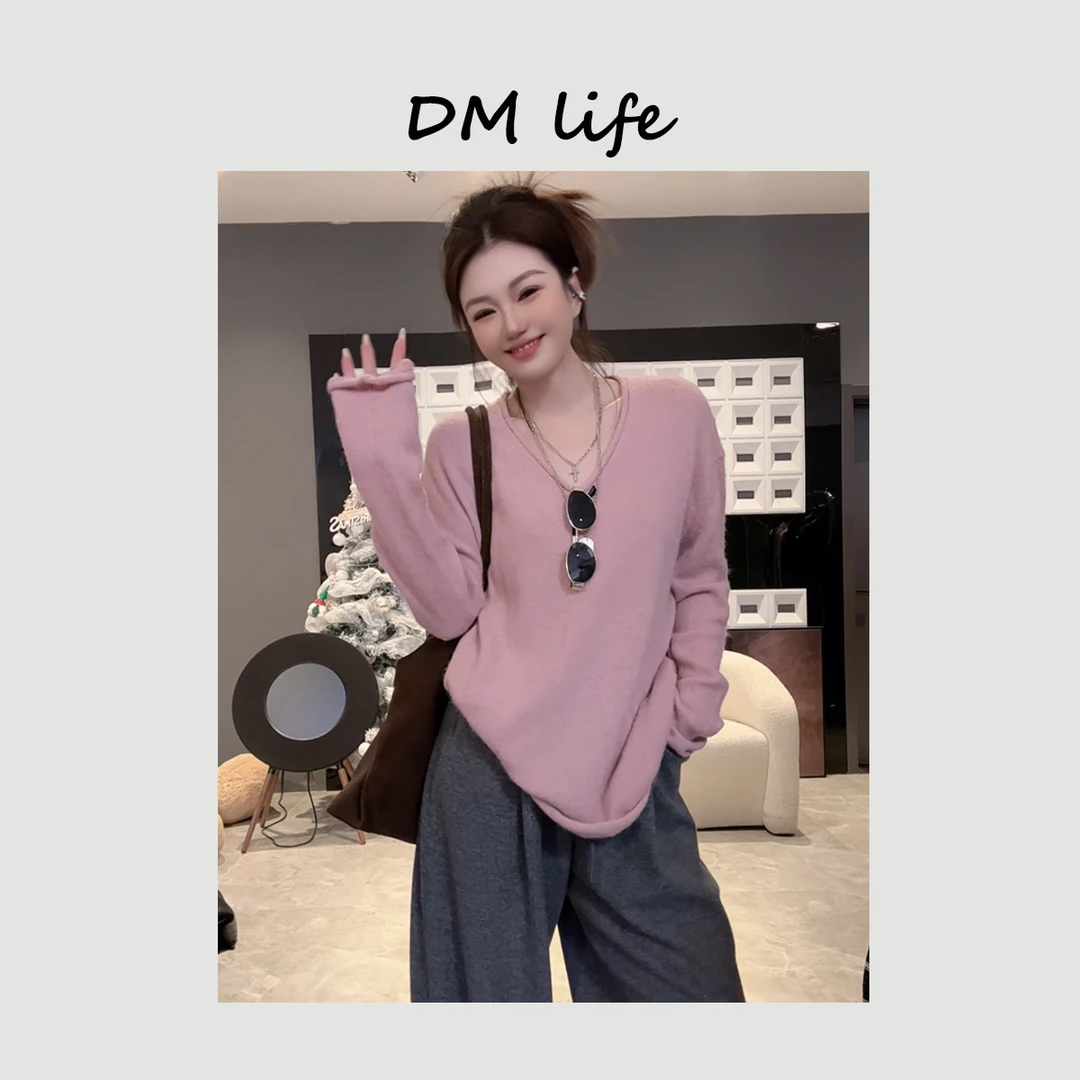 DMlife 【软糯甜筒】细针织上衣女春款2025新百搭打底宽松毛衣
