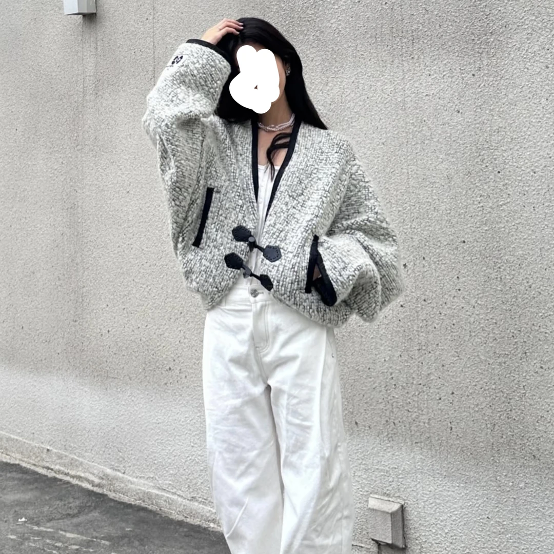 亲妈~25秋冬新款设计感落肩黑灰宽松羊毛外套时尚百搭民族风上衣