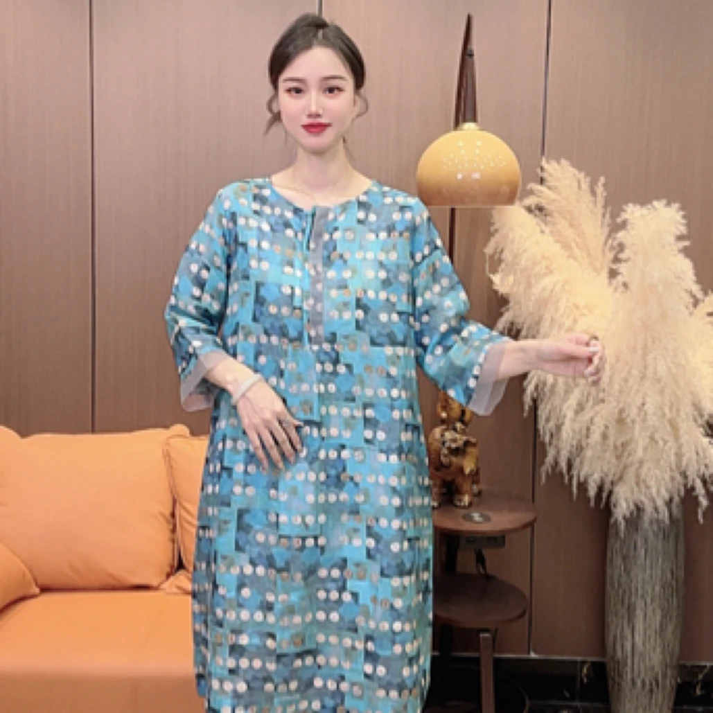 时尚亚麻兰点连衣裙，图案洋气，颜色靓丽