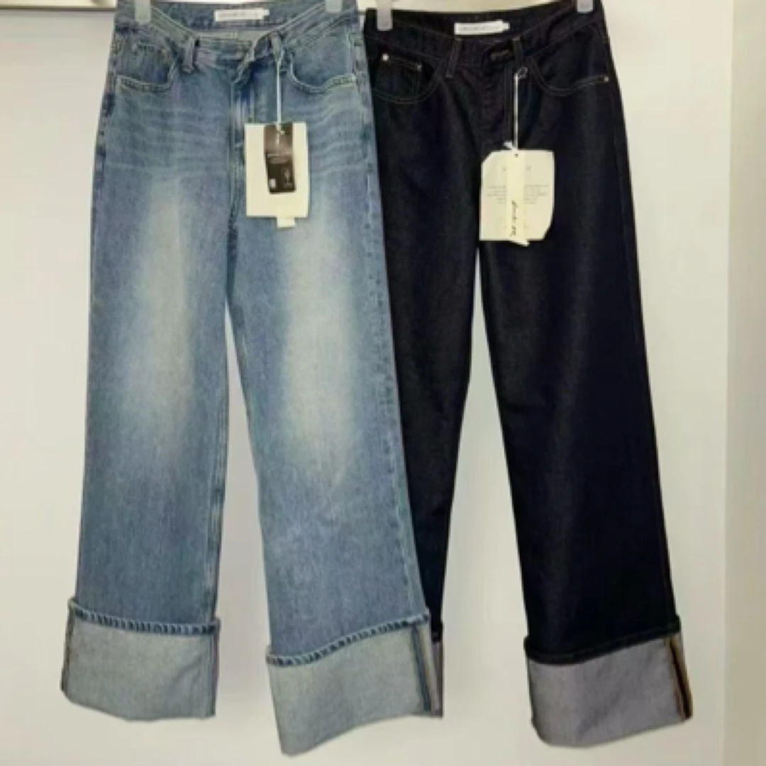 现~london flat韩国东大门代购女2025春夏时尚高腰显瘦卷边牛仔裤