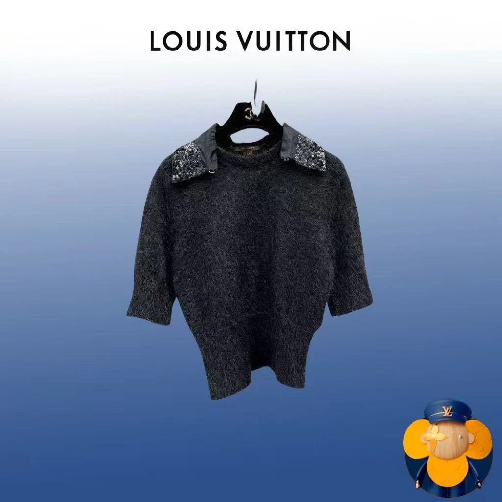 99新 LouisVuitton/路易威登 M码 黑色 拼黑色亮片马海毛短袖上衣