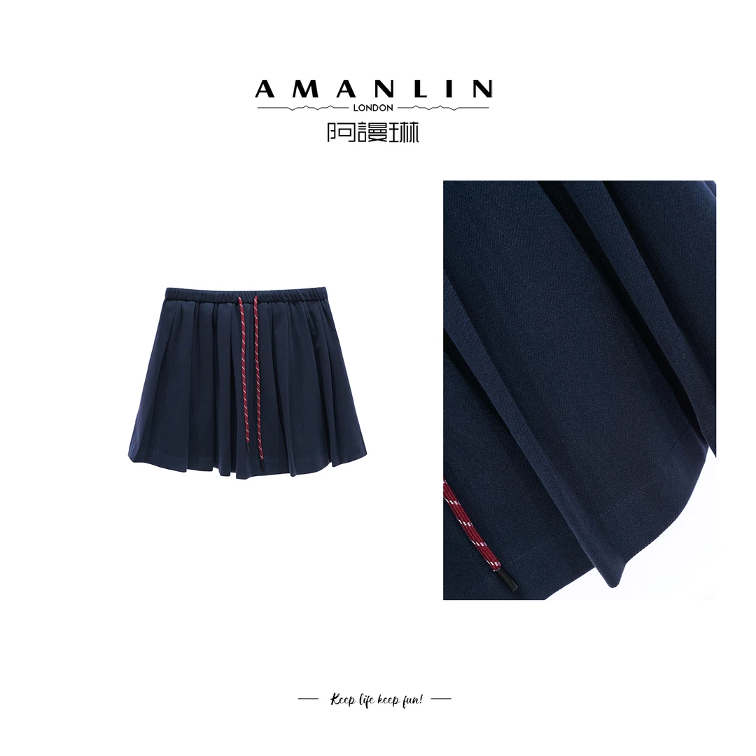 秋季新款设计感纯色松紧高腰百褶半身裙绑带F593661