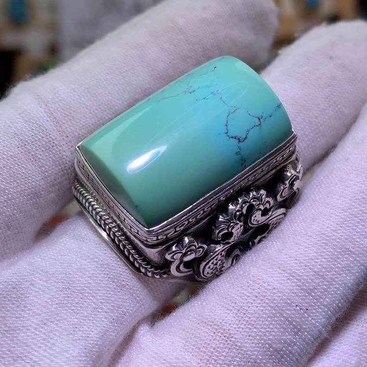 红***兵绿松石足银镶嵌戒指