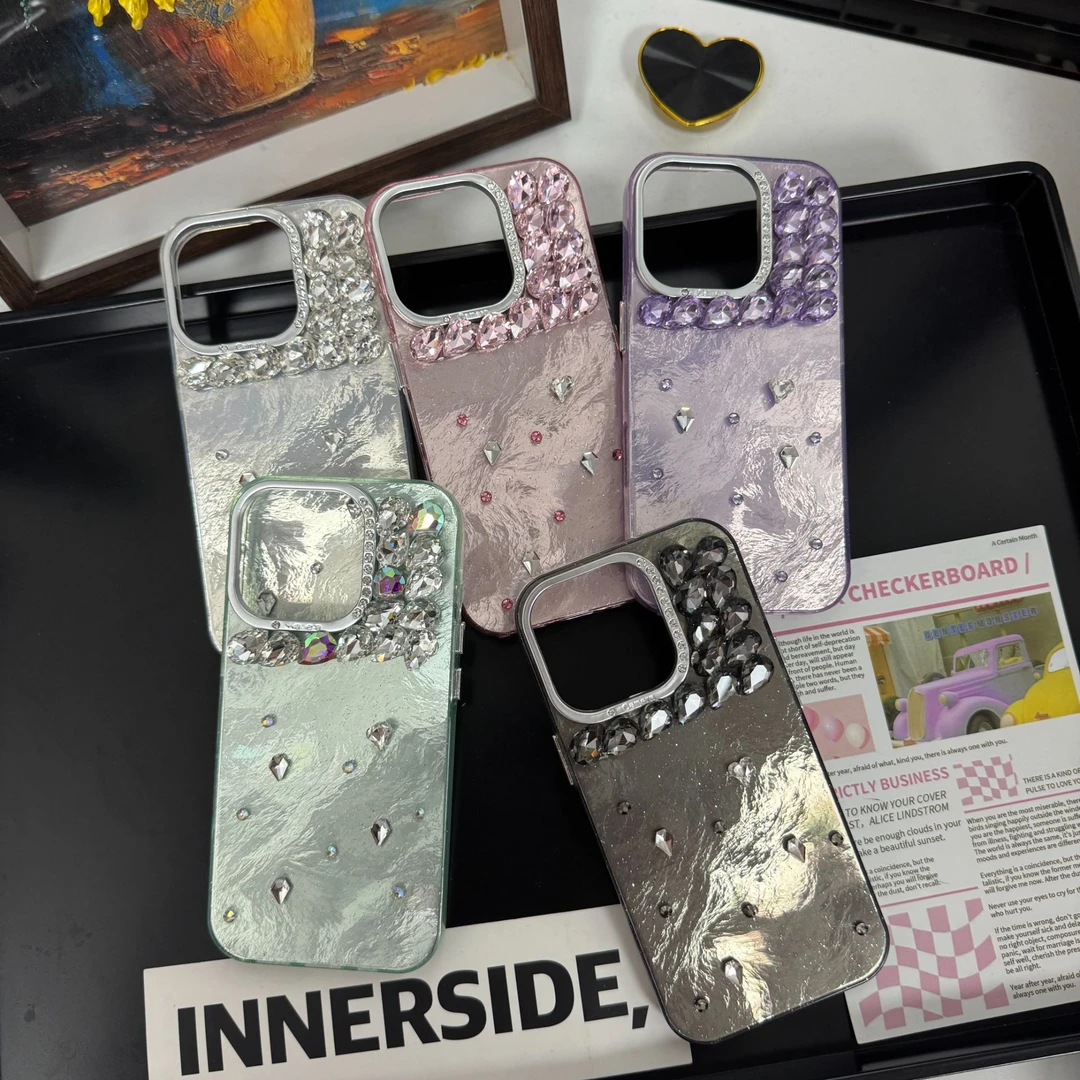 INS高级感小众羽纱堆钻适用于iPhone15细闪粉16pro防摔16promax壳