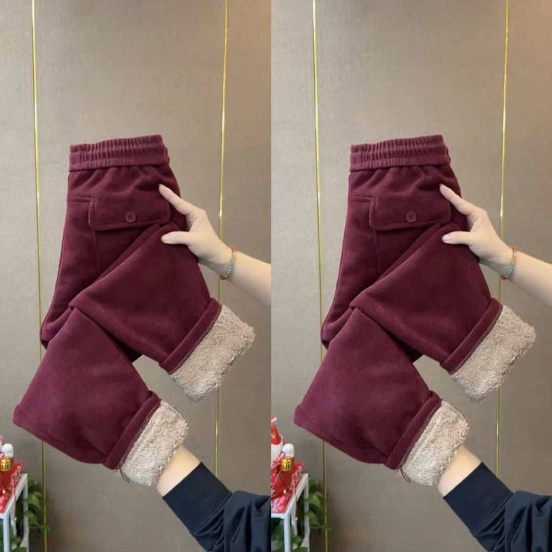 2025冬季新款百搭洋气显瘦加绒加厚小个子羊羔绒高腰女九分休闲裤