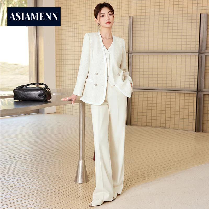 高档白色西装外套女2025秋冬季气质职业西服马甲阔腿裤三件套女装