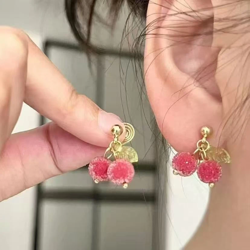 合金莫桑石耳饰 甜美可爱樱桃耳夹