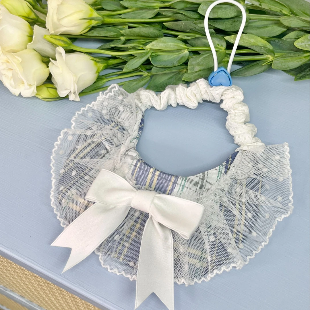 【格蕾丝】软萌蕾丝格纹松紧大肠纯白蝴蝶结猫猫狗狗宠物口水巾