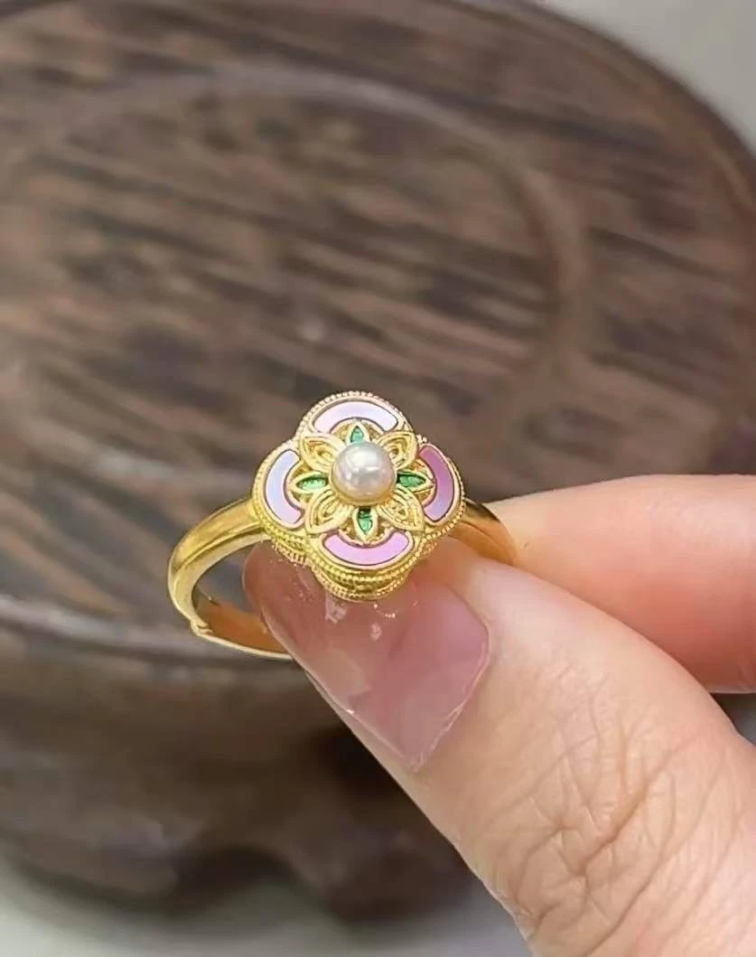 黄金足金999 螺钿黄金戒指一花一叶精美国潮感节日惊喜送礼好物