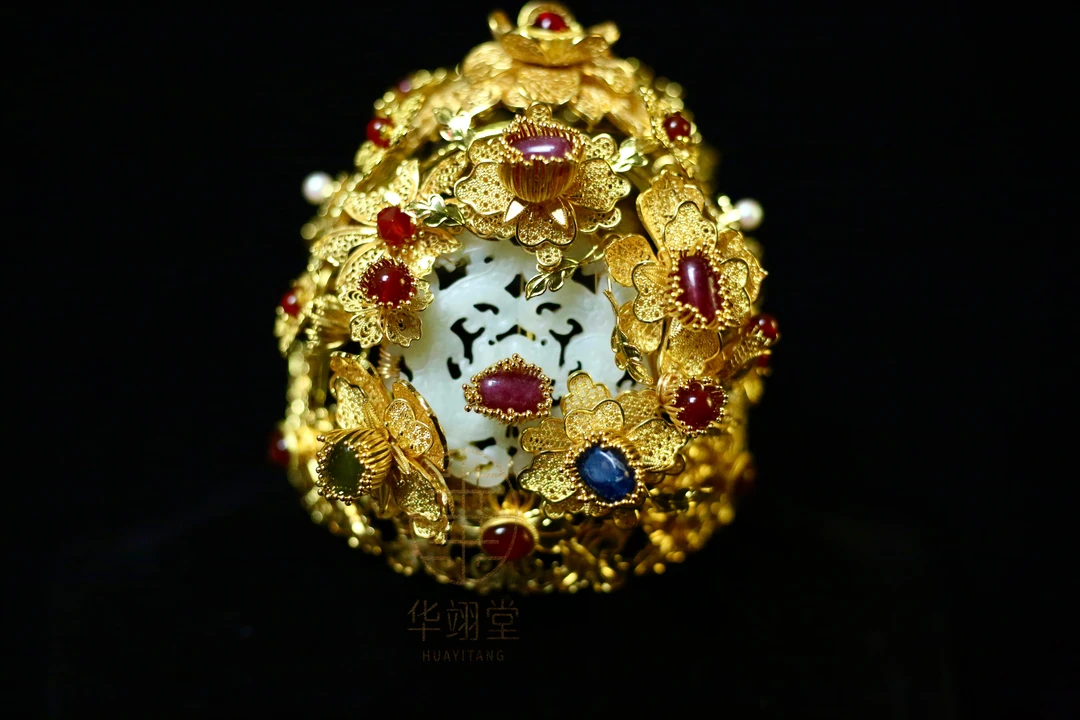 铜合金婚庆饰品 华翊堂原创国风铜镀金仿花丝立体錾刻多宝狄髻冠